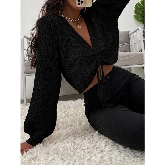Minimalist 00's trendy Lantern Sleeve Drawstring Ruched Front Sweater black - Picture 1 of 6
